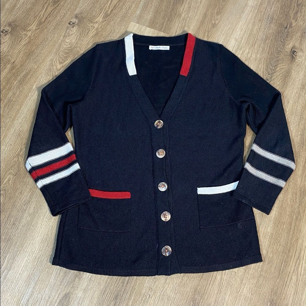 100% Linen Knit Black Cardigan with Red and White Accents Small